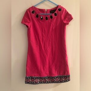 Nicole Miller Girls Sz 5 Fuschia Bejeweled Embellished Shift Dress Patterned Hem